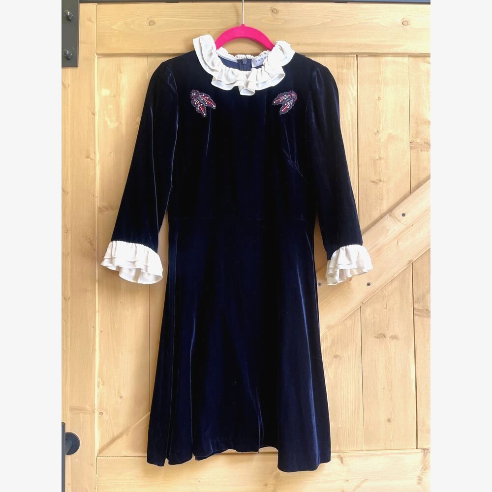 Sandro Paris Velvet Embroidered Ruffle Collar Mini Dress Navy Blue Size 1 (S) - Picture 2 of 9